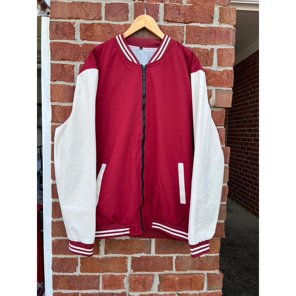 Mens Burgundy White Varsity Bomber Jacket Full Zip Lightweight Two Tone 2XL